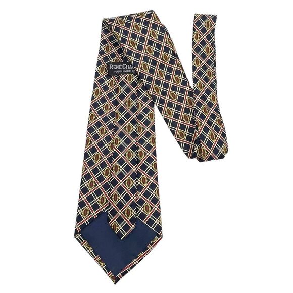 Vintage Rene Chagal 100% Silk Twill Tie Navy Gold Red Preppy Pattern Necktie - Picture 3 of 11